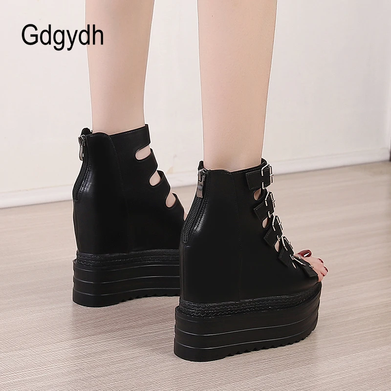 Gdgydh Goth Style Women\'s Platform Sandals Buckle Straps Open Toe High Heels Fashion Dress Pumps Wedge Heel Back Zipper