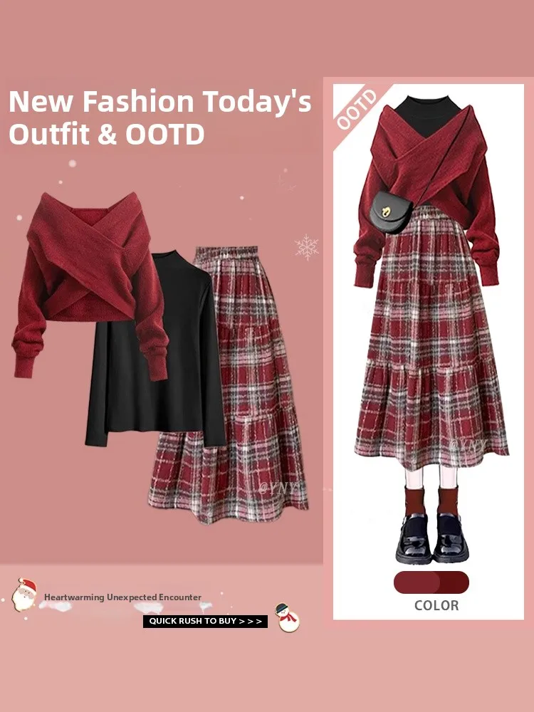 

Design Sensation New Year Sweater Lazy High-End Autumn Winter Inner Wear Top Red Plaid Skirt Fashionable Ensemble