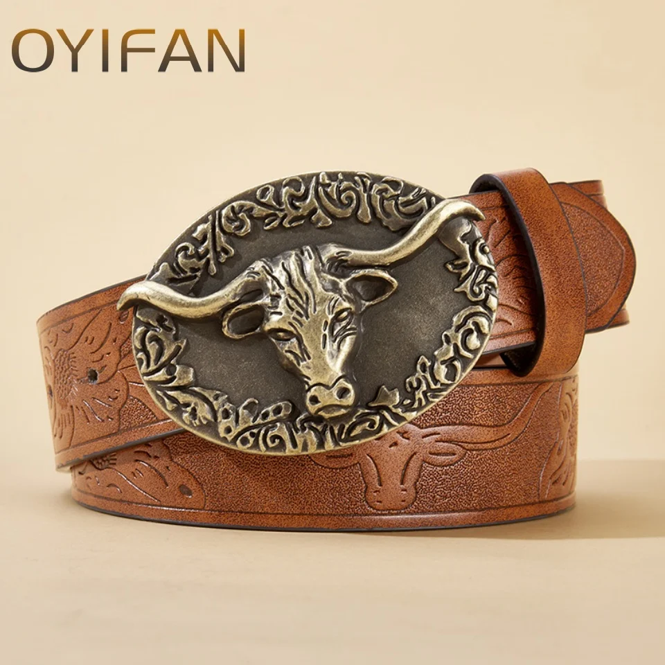 Western Leather Buckle Belts Cowboy Longhorn Bull Pattern Buckle Belt Floral Engraved Buckle Belt for Men