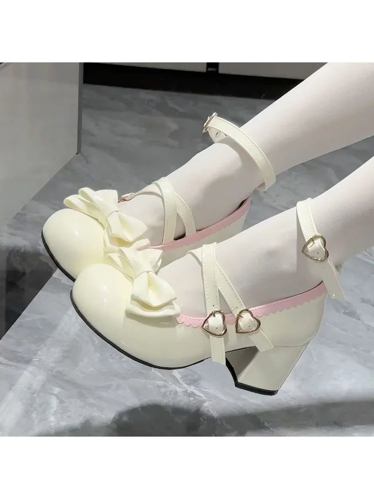 

Lolita Mary Jane Sweet And Cute Bow Single Shoes Women's Japanese Round Head Lolita Middle Heel Versatile Leather Shoes