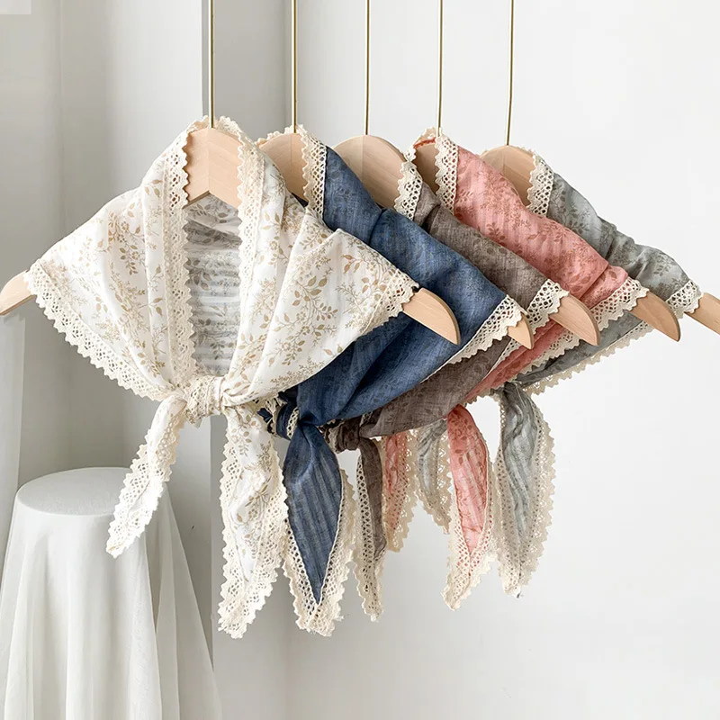 Girls French Lace Triangle Scarf Flower Beige Decorative Ribbon Soft Cotton Linen Floral Head Scarves Solid Color Neckerchief