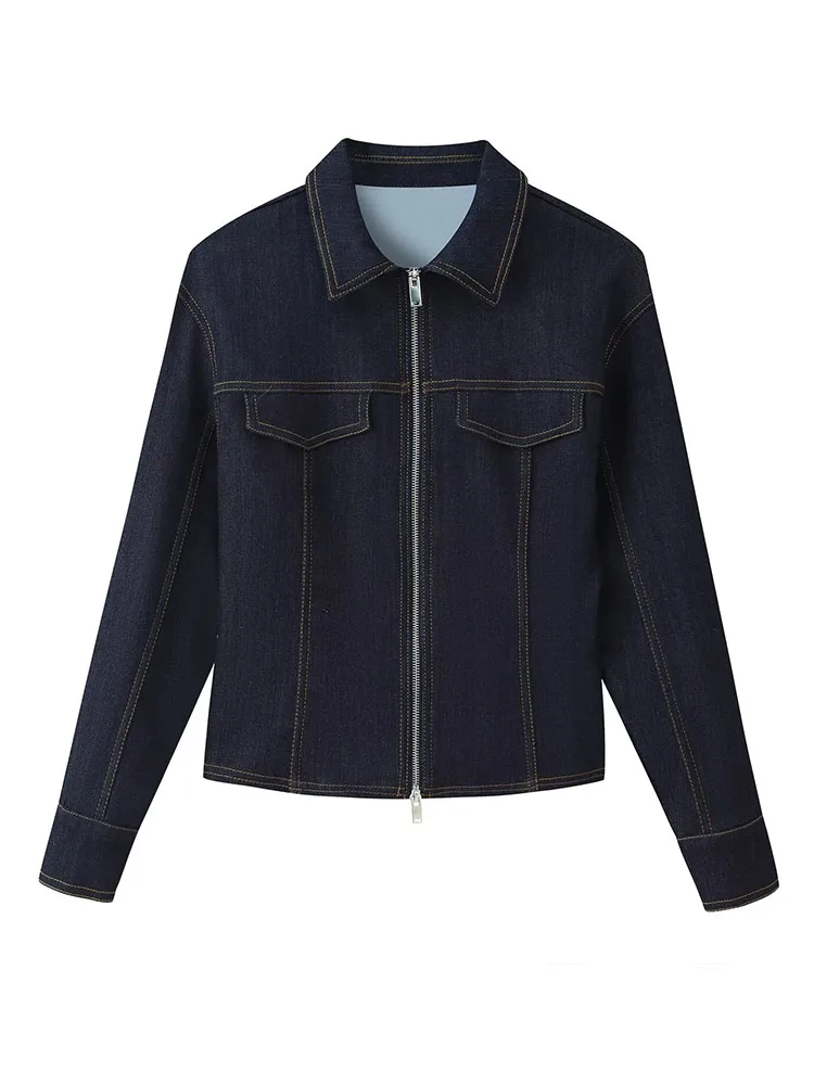 HH Women Fashion Vintage Versatile Denim 2-Piece Set Slim Lapel Long Sleeve Zipper Denim Jacket+Mid-Rise Slim Zipper Long Jeans