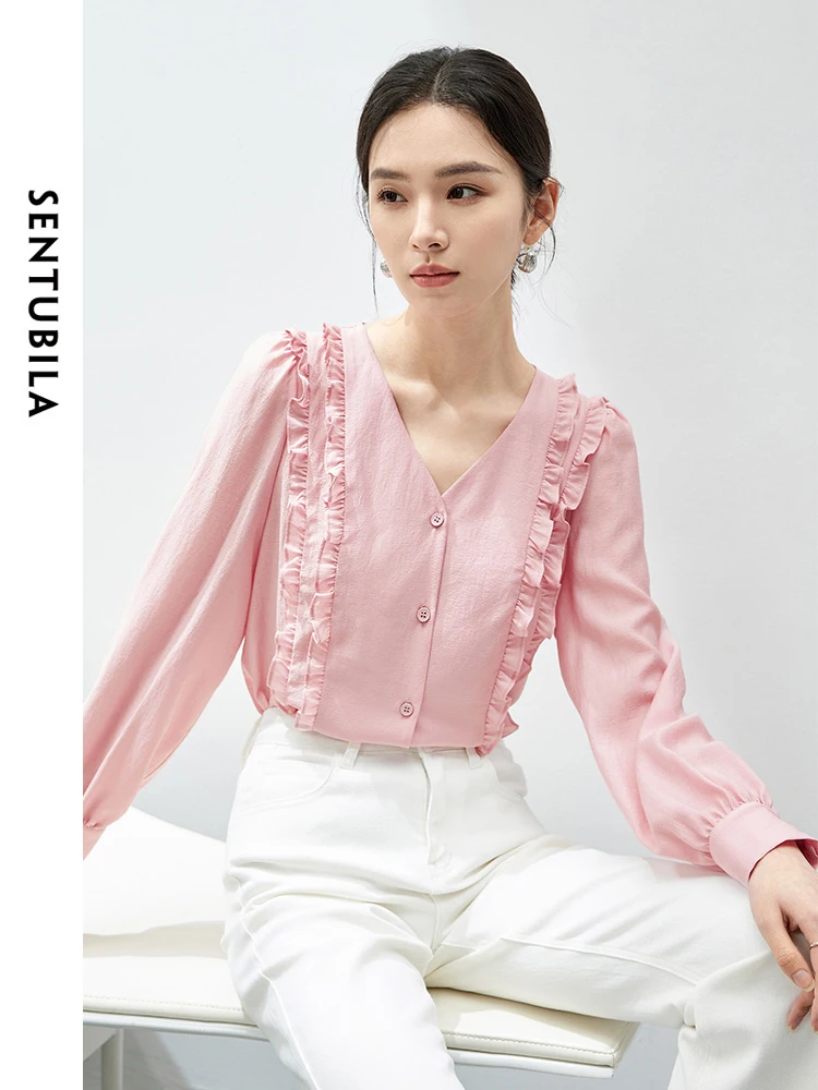 

SENTUBILA Elegant Ruffles Pink Shirts Women 2024 Spring Autumn French Fashion Button Up Long Sleeve Top Women Clothing 141C53295