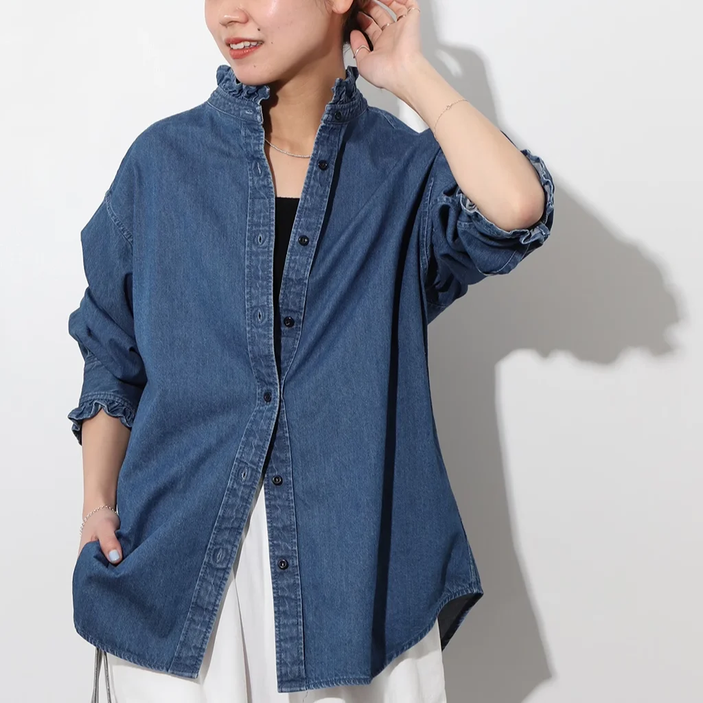 

Spring 2026 Casual Cotton Waed Floral Collar Denim irt Women's Loose Fit Breathable Comfortable Long Sve Button up Top