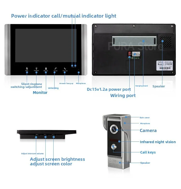Campainha intercomunicadora sem fio de 7 polegadas com visão noturna e alta definição, casa inteligente, tela à prova d'água, câmera campainha visível