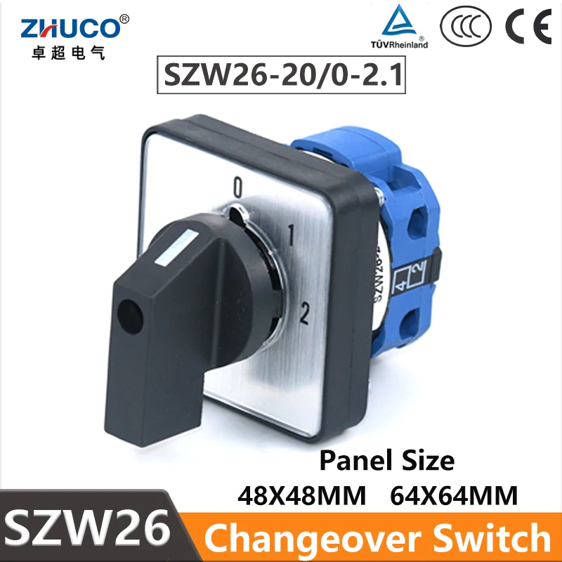 

ZHUCO SZW26/LW26-20 One Pole Four Terminals 64X64 48X48 Mm Panel 20A 660V Selector Rotary Cam Universal Changeover Switch