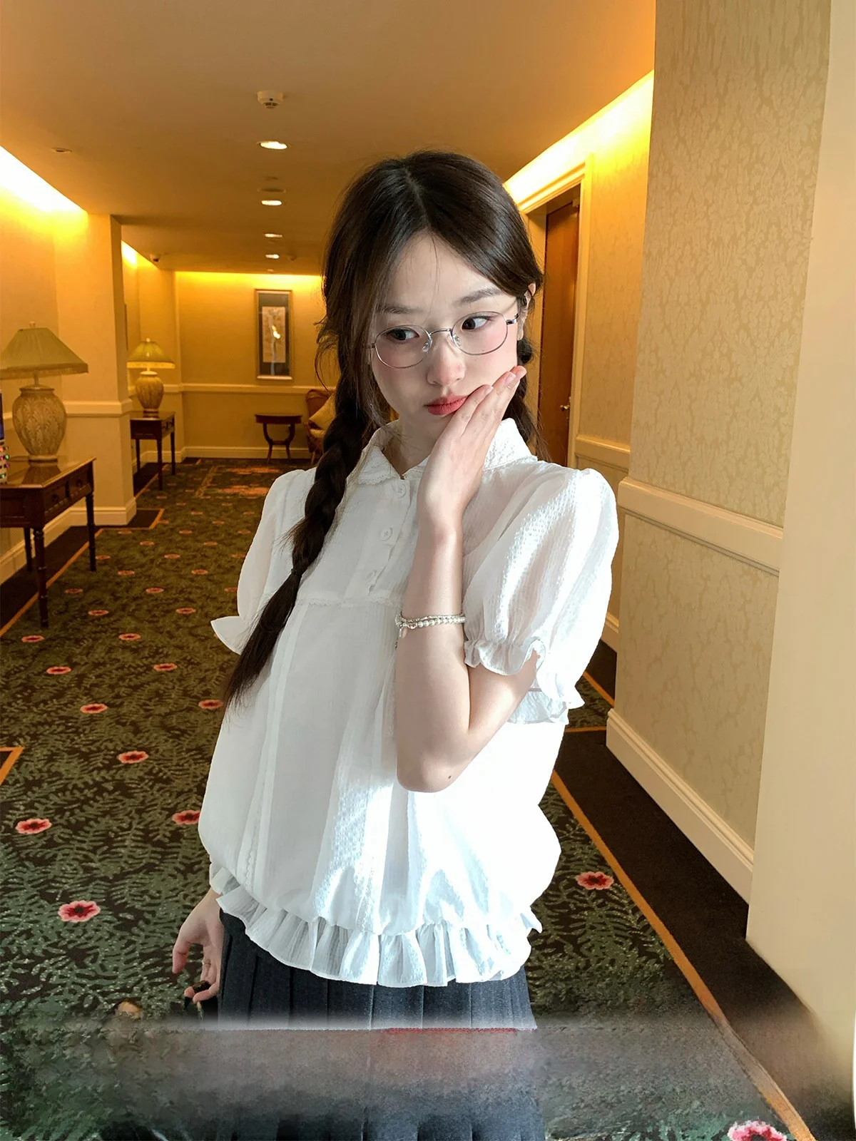 

Mucha Wooden Tea Star Porcelain Sweet Style Bubble Sleeve Collar Flower Bud Short Sleeve Women's Shirt Slimming Hemline