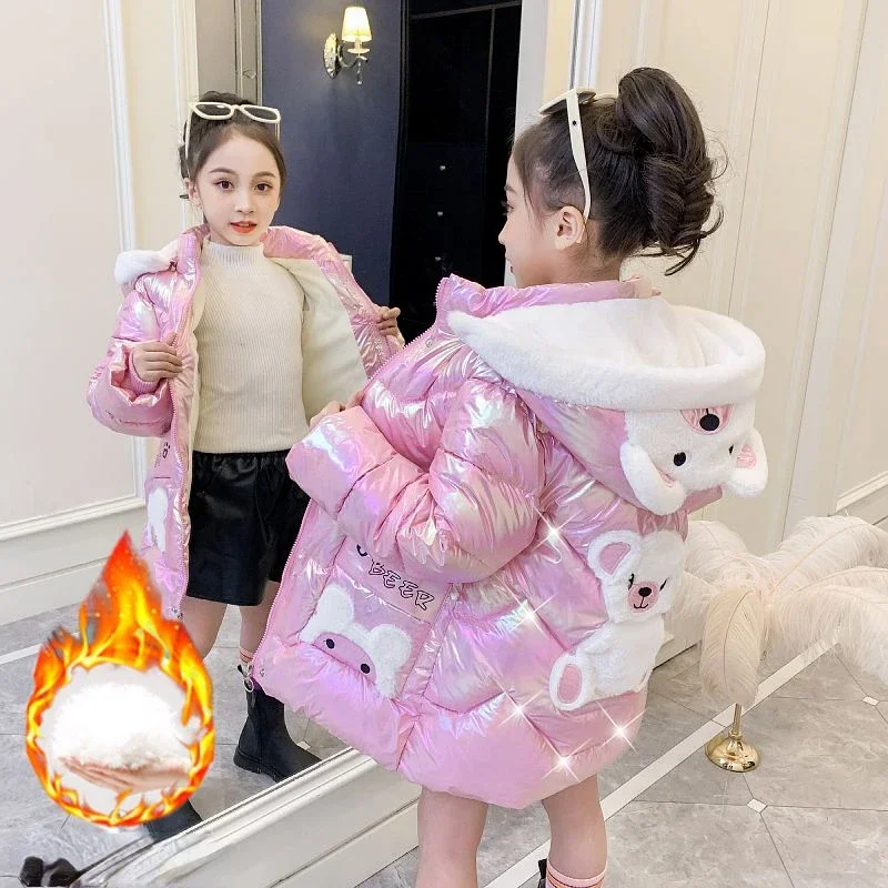 3 4 6 8 10 Years Girls Long Winter Down Jacket Cute Bear Coats for Girls Parkas Fashion Bright Hooded Child Waterproof Outerwear