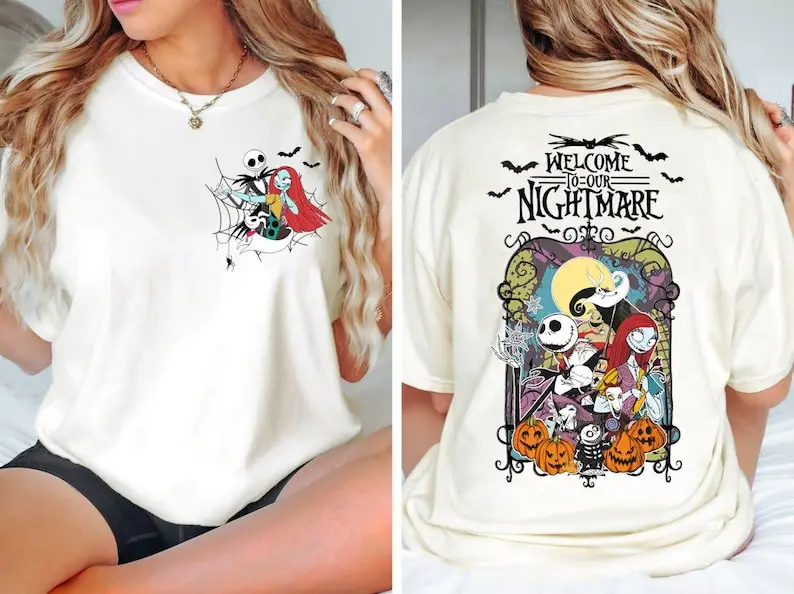 

Рубашка «Кошмар перед Рождеством» Рубашка «Джек и Салли» на Хэллоуин Жуткий «Добро пожаловать в нашей футболку «Кошмар»