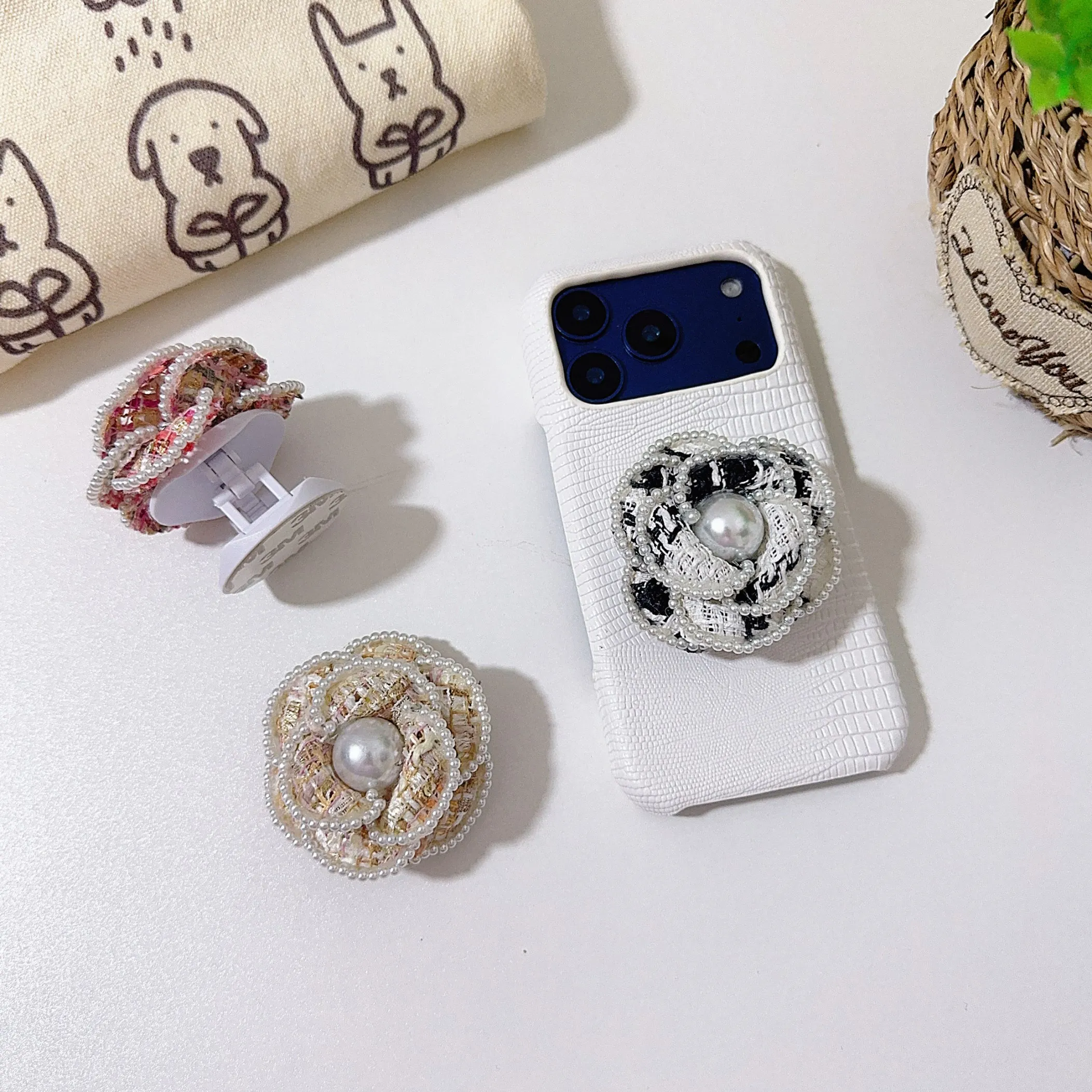 Pearl-edged linen flowers invisible suction Griptok Phone Holder for IPhone Samsung Support Socket Pocket Grip Tok Stand Bracket