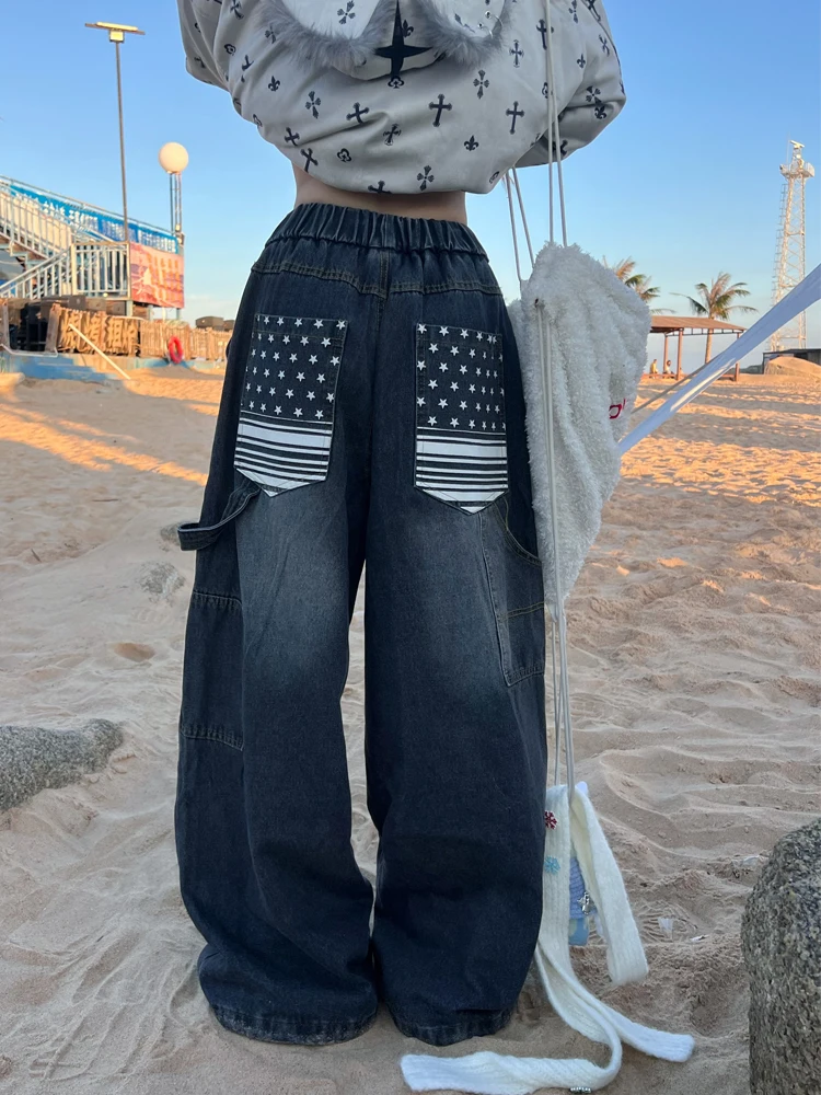 

Винтажные брюки-карго с вышивкой в виде звезд, широкие, свободного кроя, унисекс, повседневные, из хлопка