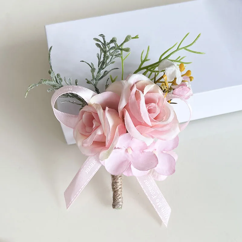 

2 шт., булавка с цветком для жениха, корсаж с петлями, свадебные аксессуары, бутоньерка для невесты, подружки невесты, розовые шелковые розы, искусственный лацкан