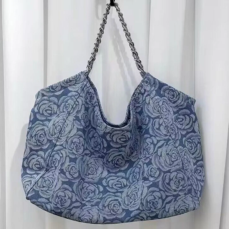 Denim Floral Tote Bags For Women Luxury Designer Handbags and Purses 2023 New In Lady Chain Large Capacity Shopper Shoulder Bag