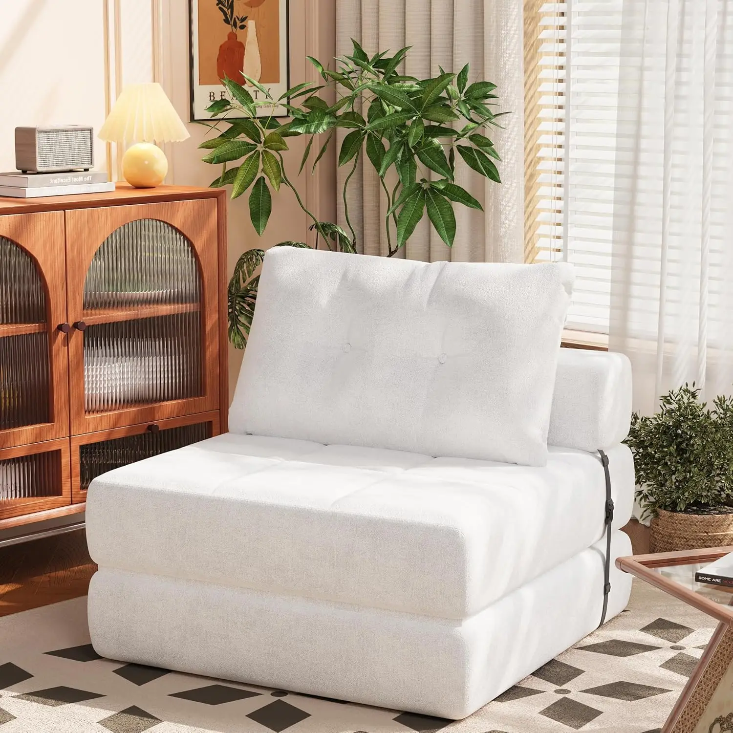

Folding Sofa Bed Convertible Sleeper Sofa Couch with Headrest Lumbar Pillow Chenille Fabric Chair Bed Single Futon Mattress for
