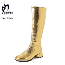 Block Heel Boot For Women 2024 Brand Winter Shoes Plus Size 43 Gold Silvery Square Toe Rear Zipper Knee-High Ladies Long Boots