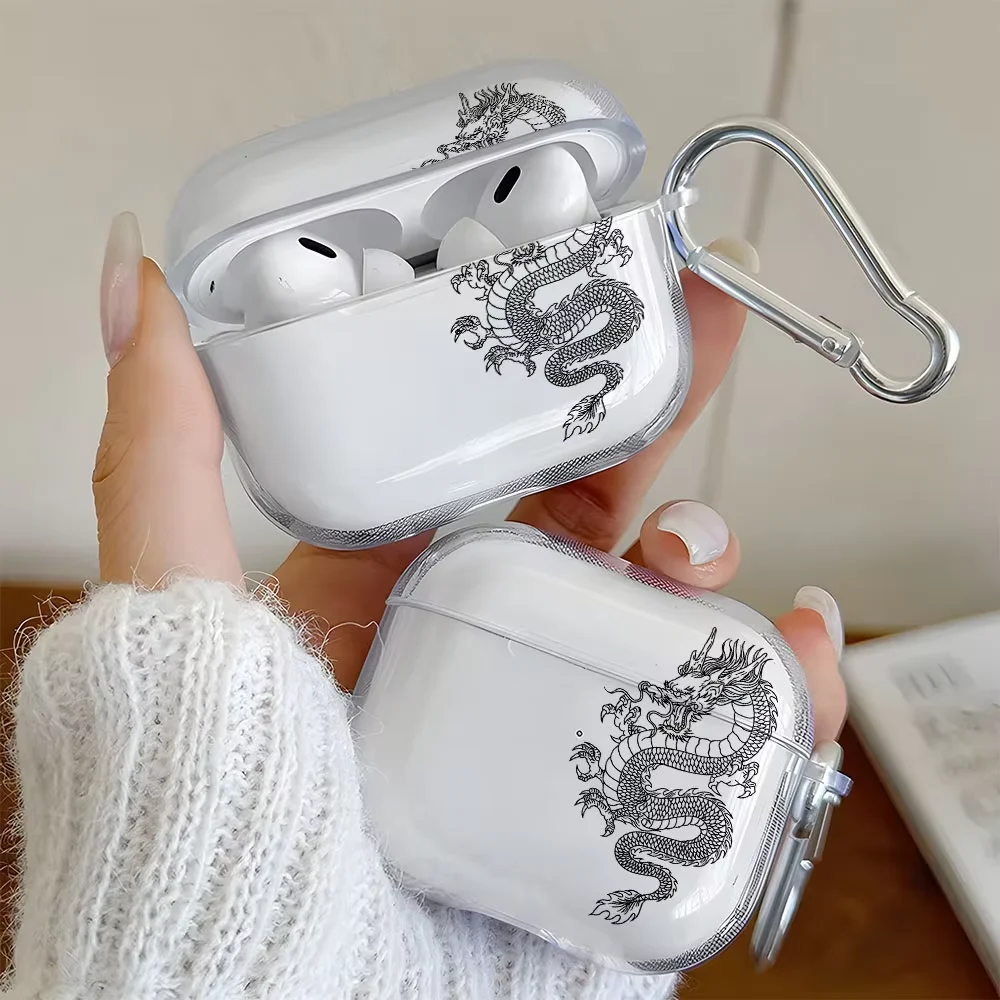 Black Art Dragon Pattern Clear Earphone Case for AirPods 4 3 2 1 Earbuds Case For AirPods Pro 3/Pro 2/Pro TPU Protective Cover
