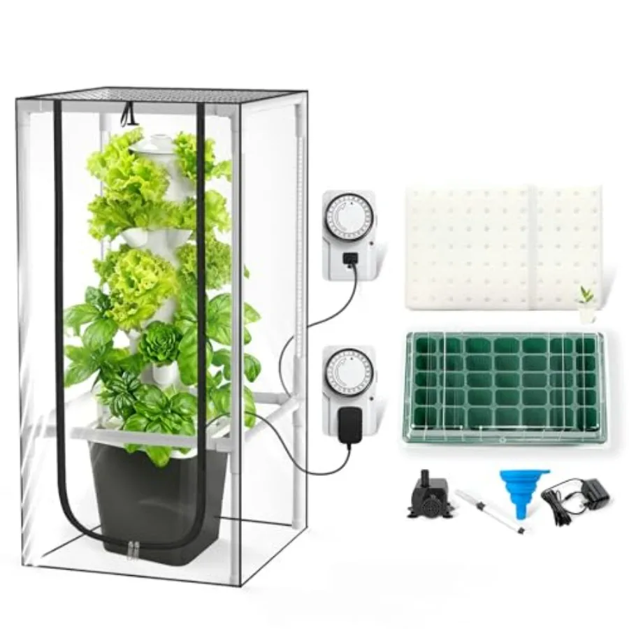 

Hydroponic Tower with Tent for Growing 30 Herbs Vegetables 5000K Full-Spectrum LED Lights Dual Timers for Auto Watering Lightin