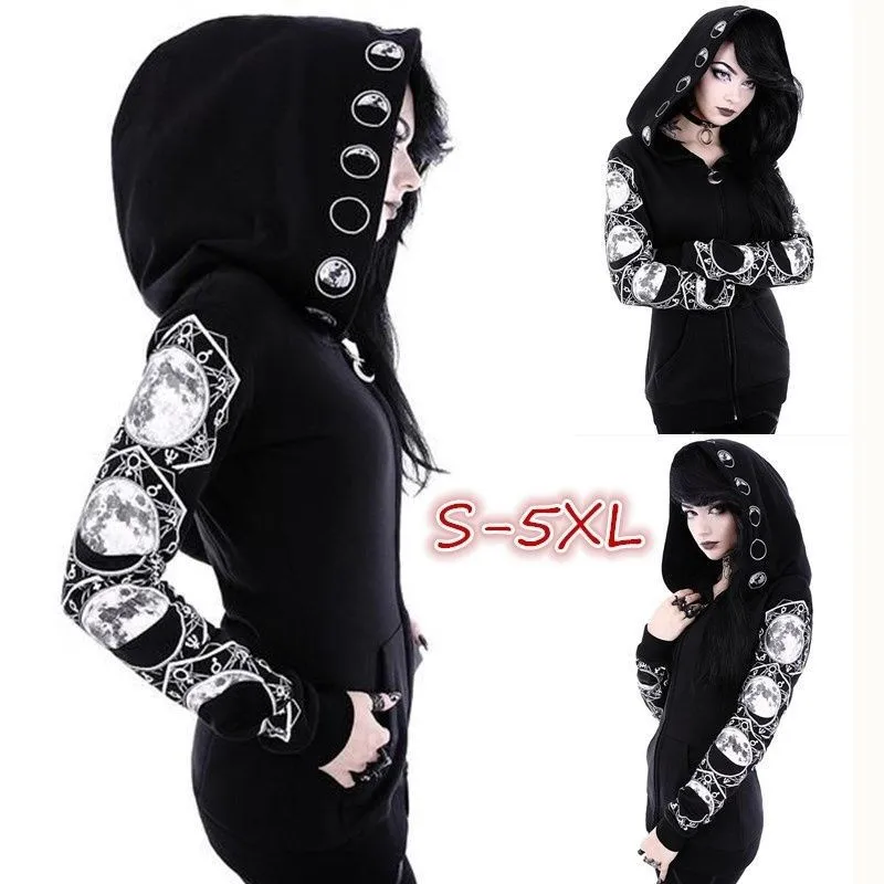 Women's Witchcraft Hooded Long Sleeve Gothic Witch Moon Women Cosplay costumes Oversized Hoodie Sweatshirt Zip Plus Size S-5XL