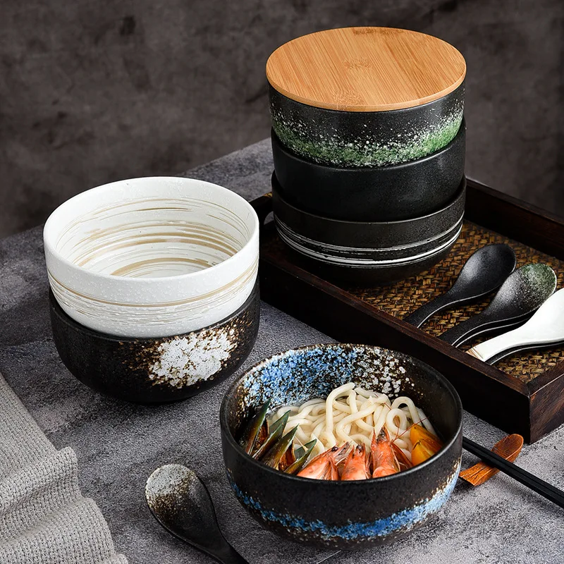 Japanese Style Instant Noodle Bowl with Lid Retro Ceramic Tableware Household Salad Bowl Large Rice Beef Ramen Noodle Soup Bowl