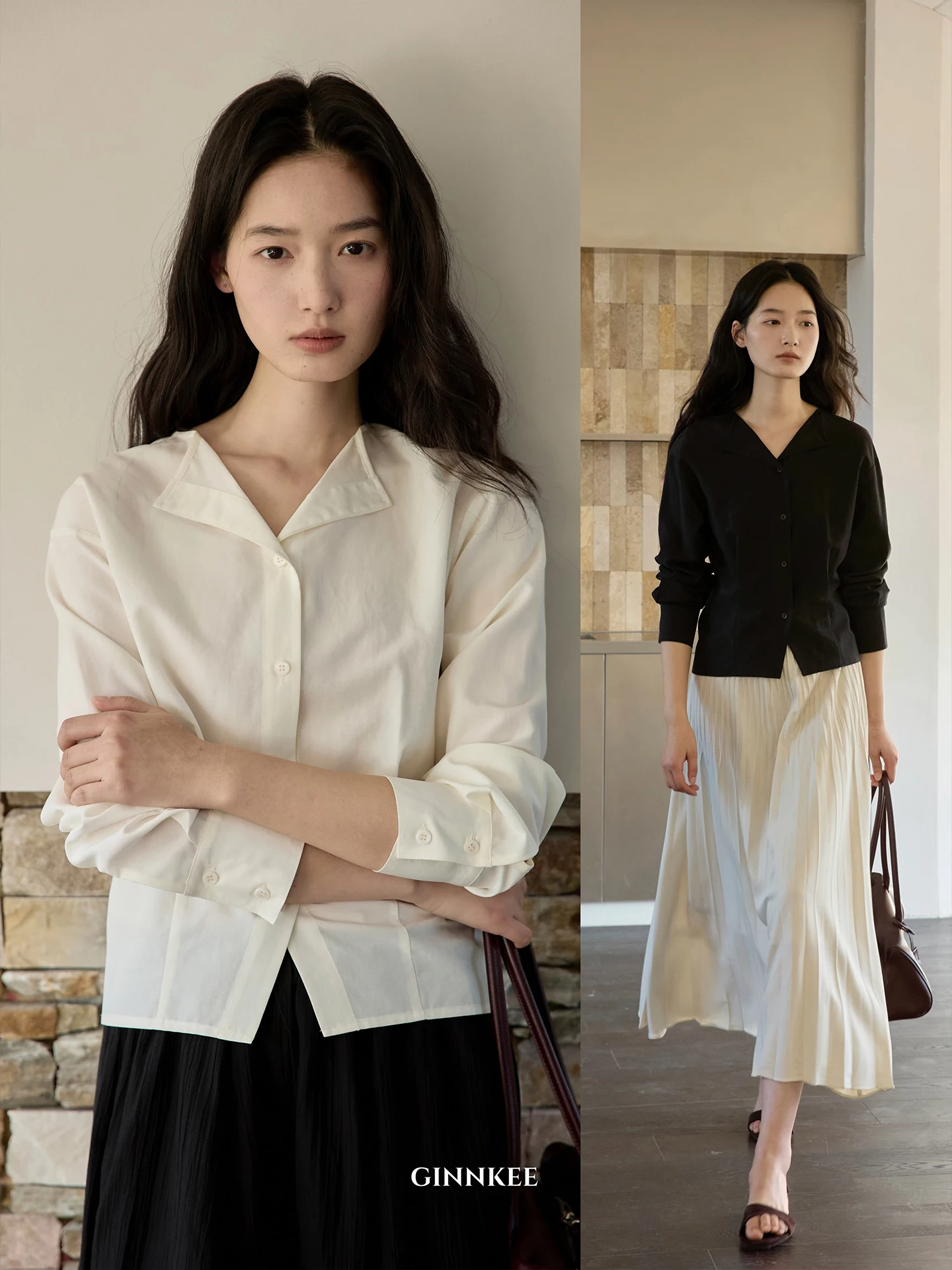 

GINNKEE Lenzing Lyocell Blend irt Asymmetrical Hemline Long Sve Women's French Sle Breathable Skin-Friendly Casual irt