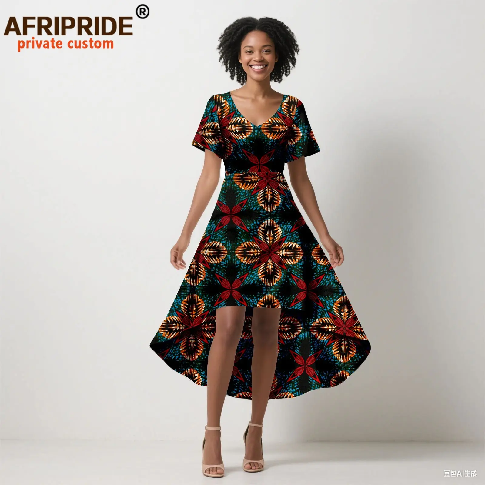 African Dresses for Women Short Sleeve V-neck High Waist Print Elegant Party Dress Ankara Attire Traditional Outfits 2525108
