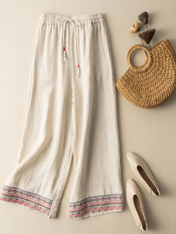 

Свободные прямые брюки из хлопка и льна с вышивкой, с высокой талией, широкие штанины, универсальные, летние, новинка, повседневные брюки для женщин