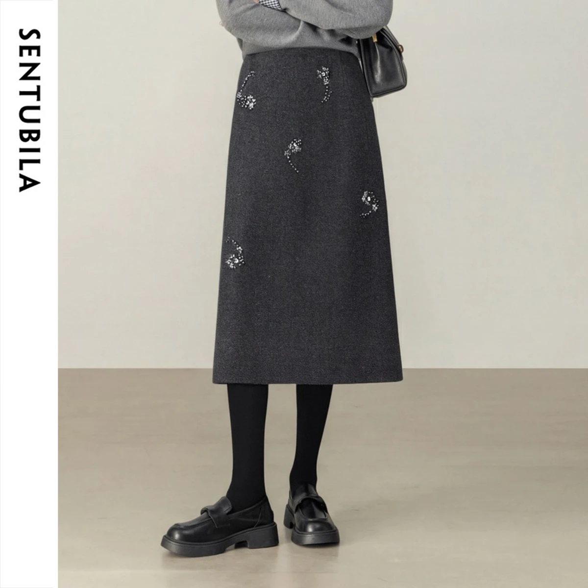 SENTUBILA Women Straight Skirt Grey Starry Beaded 2026 Winter Wool‑Blend Slit Hem Thick Warm Skirt Banquet Daily Wear Q54QF6038