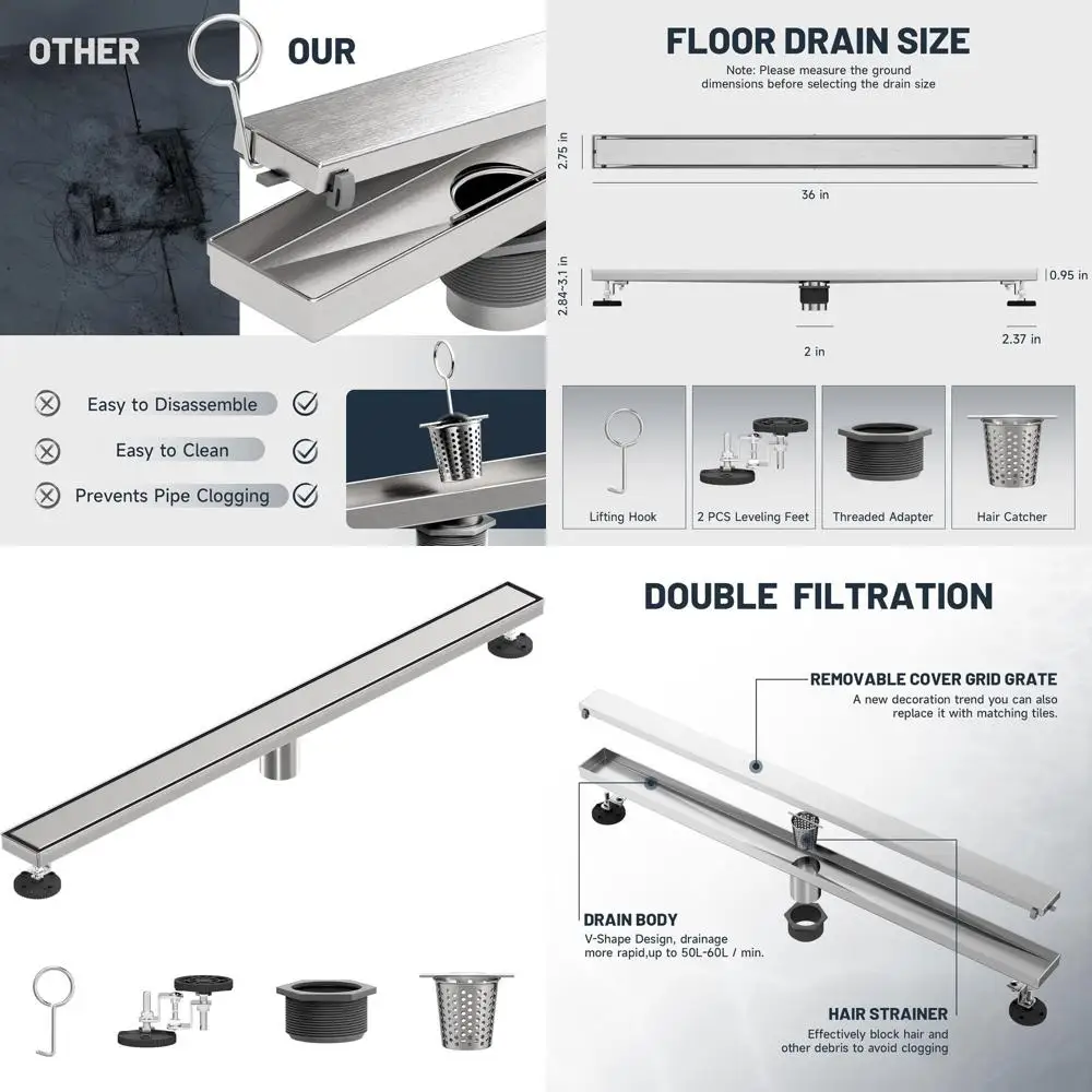 36 مصفاة دش مستطيلة مع حشوة بلاط، 304 من الفولاذ المقاوم للصدأ، لمسة نهائية من النيكل المصقول، تتضمن مصفاة الشعر #1