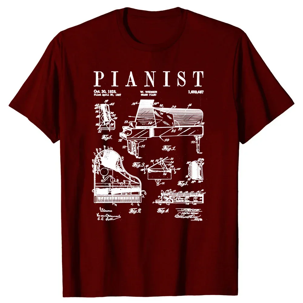 Musical Instrument Gifts T-shirt Grand Piano Old Vintage Patent Pianist Drawing T Shirts Summer Cotton Streetwear Short Sleeve