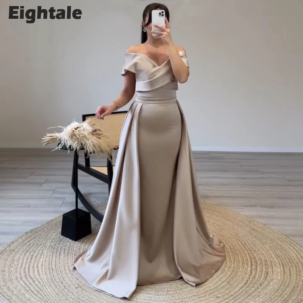 

Eightale New Evening Dresses with Detachable Skirt V-Neck Satin Mermaid Prom Wedding Party Gown Robes De soirée