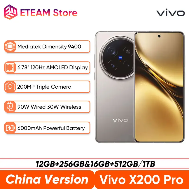 

Версия CN VIVO X200 Pro 5G Смартфон Размер 9400 Процессор 6,78 дюйма 120 Гц AMOLED-экран 6000 мАч 90 Вт Флэш-зарядное устройство 30 Вт Беспроводная зарядка