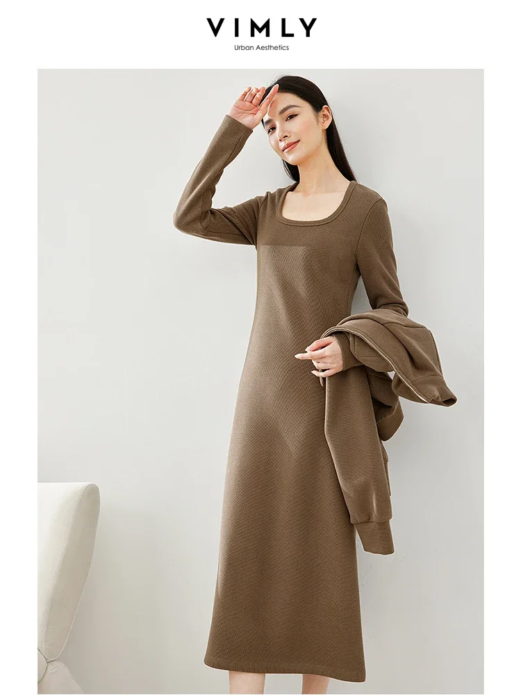 Vimly Casual Thick Sets for Women 2 Pieces Cropped Jacket Square Collar Midi Dress 2023 Winter Chic and Elegant Woman Set M5650