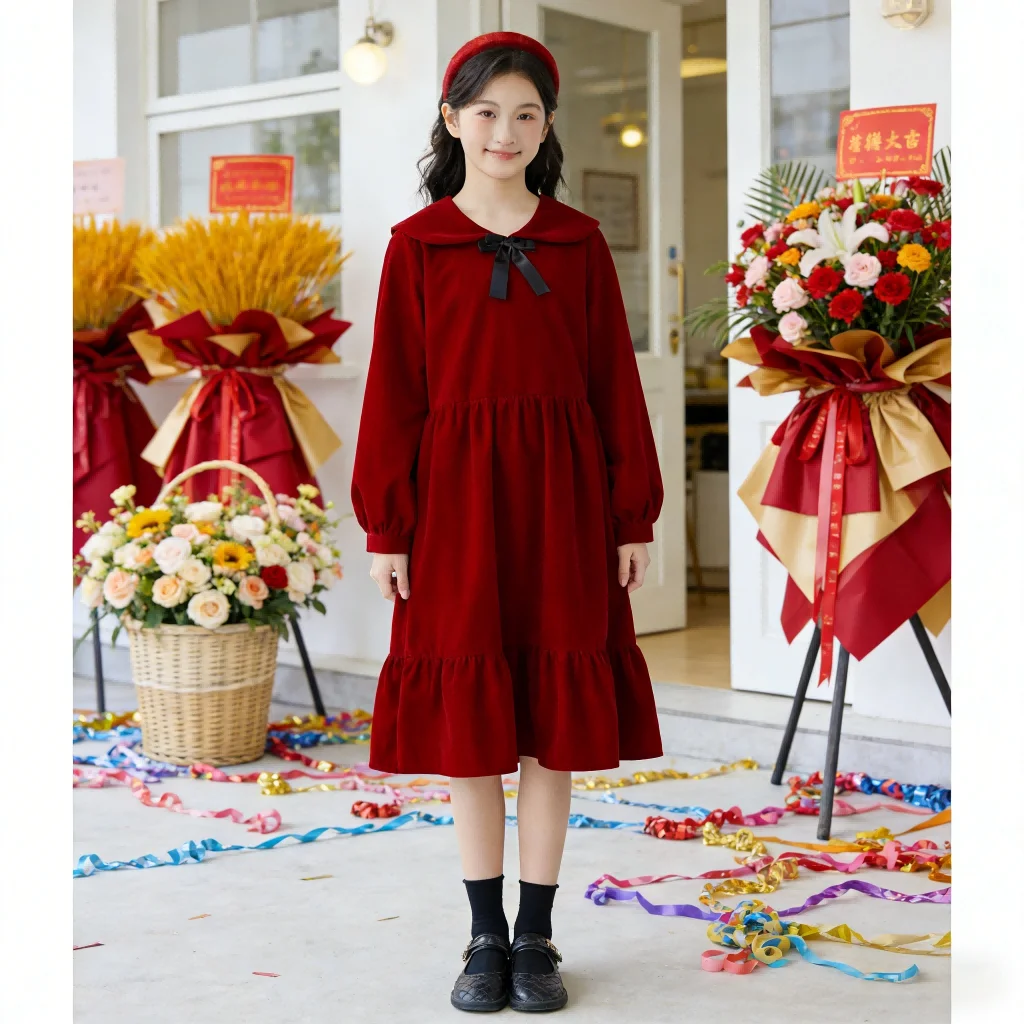 Korean Style Girls Velvet Party Dress Children Long  Pageant Dresses Costume Sleeve Bow Princess Gown Wedding Birthday Formal