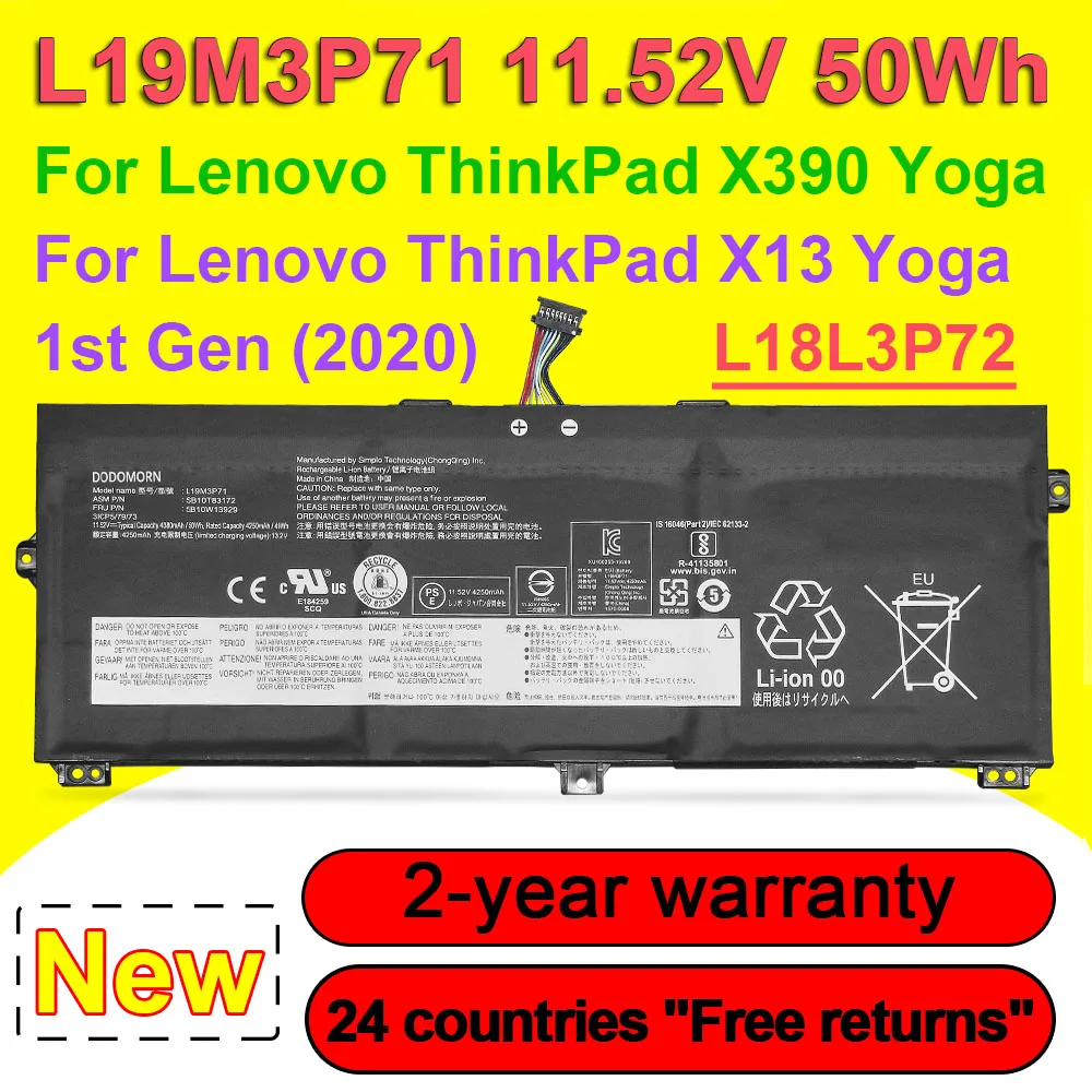 DODOMORN L19M3P71 Laptop Battery For ThinkPad X390 Yoga X13 Yoga 1st Gen (2020) Series L18L3P72 L18M3P72 L18S3P72 02DL021 OEM