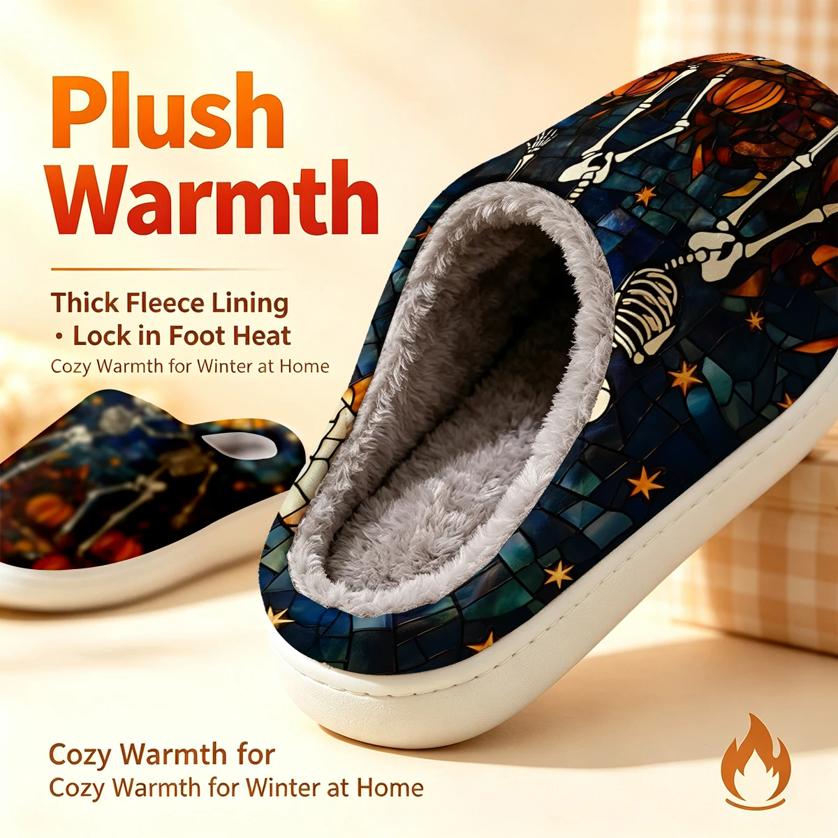 Stained Glass Skeleton Christmas White Slippers Warm Plush Indoor Shoes Non-Slip Winter Slippers Family Holiday Gifts Soft