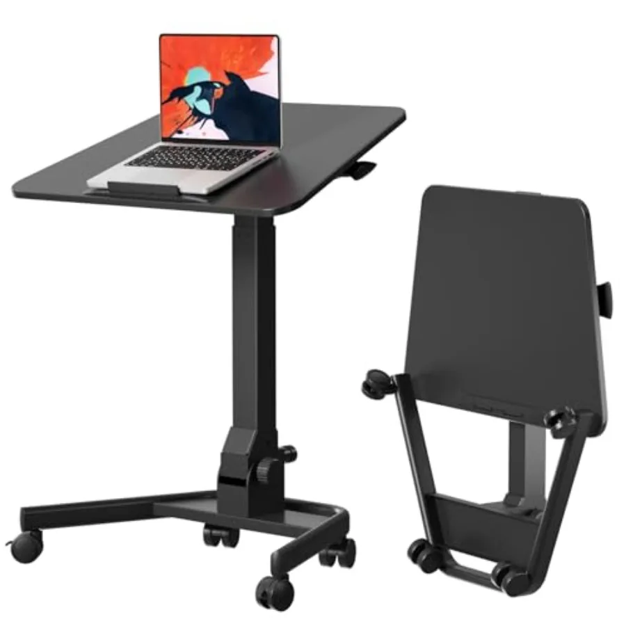 

Foldable Mobile Standing Desk for home office: aluminum alloy, black, pneumatic height adjustment, 90 tilt, wheels, easy fold