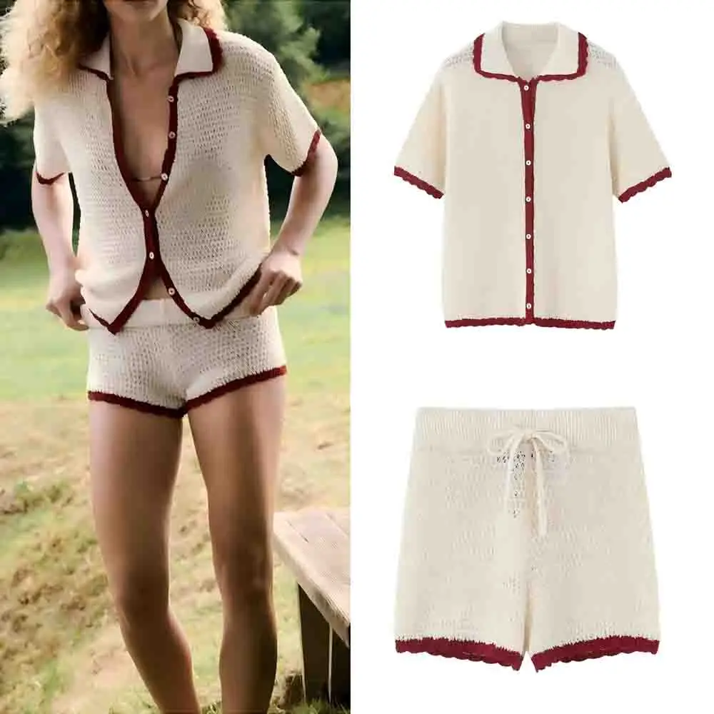 

Women's New Fashion POLO Shirt Collar Casual Splicing Knitted Coat Short Sleeve Button-up Women's Coat Chic Top+Shorts suit