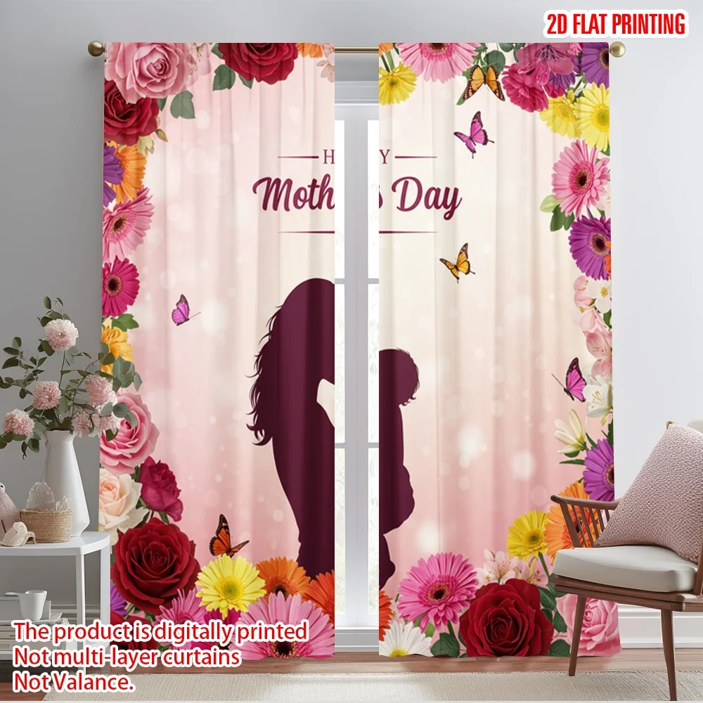 

2pcs 2D flat printing Drapes Mother's Day Floral Butterfly Polyester Without Electricity Festive Holiday Use for Outdoor Holiday