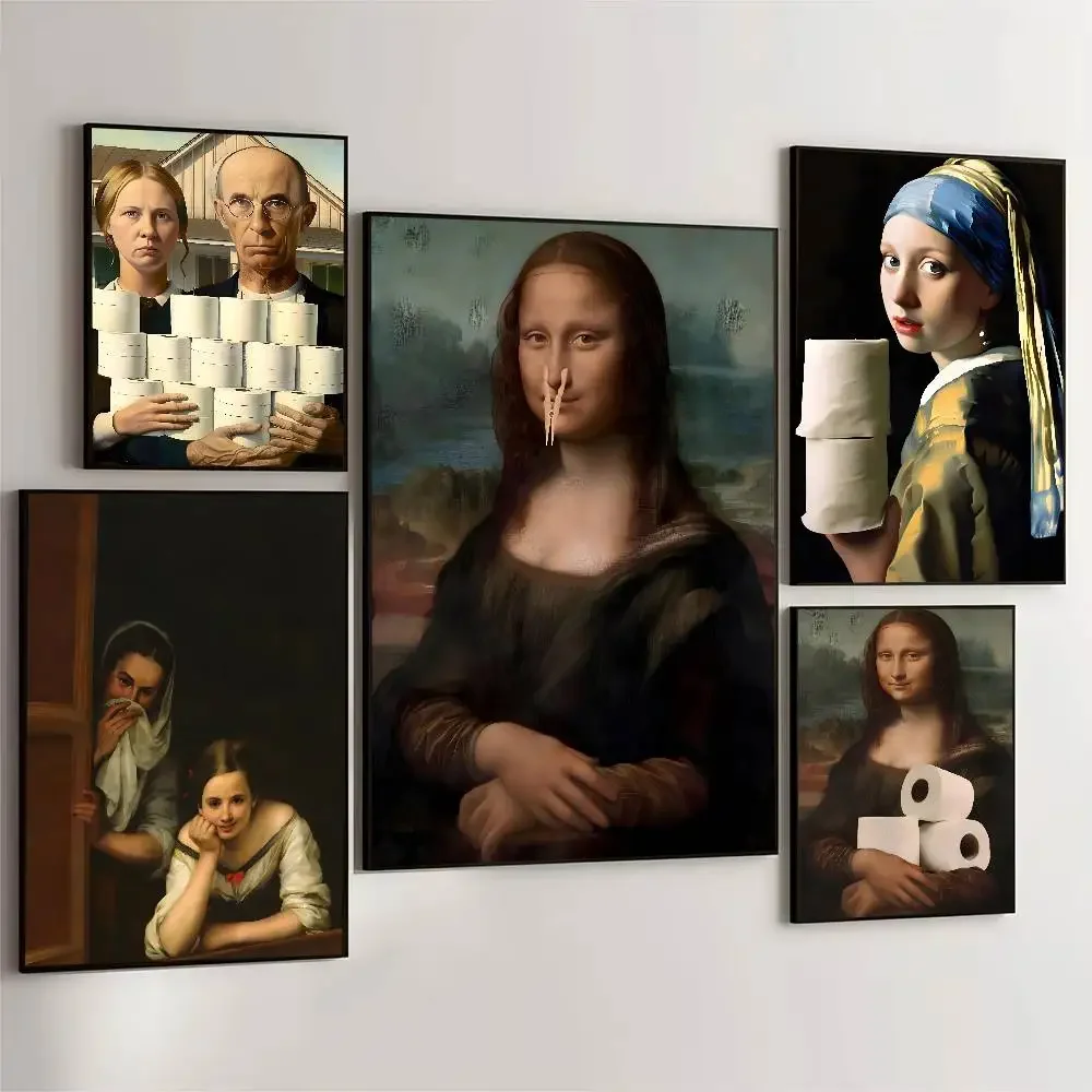 1pc drôle salle de bain toilette Mona Lisa portant des perles fille affiche auto-adhésif Art papier imperméable autocollant chambre décoration murale