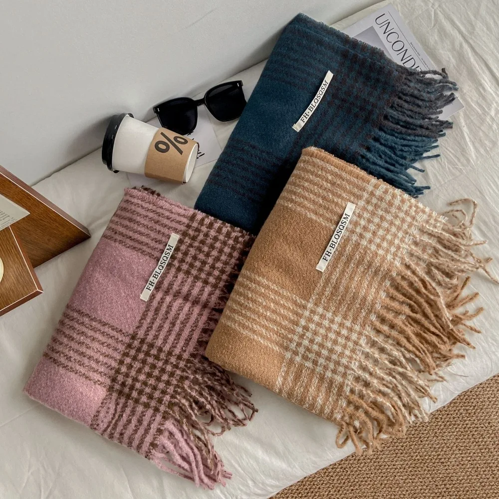 

New Imitation Cashmere Plaid Scarf Thick Korean Style Winter Scarf Keep Warm Knitted Scarf