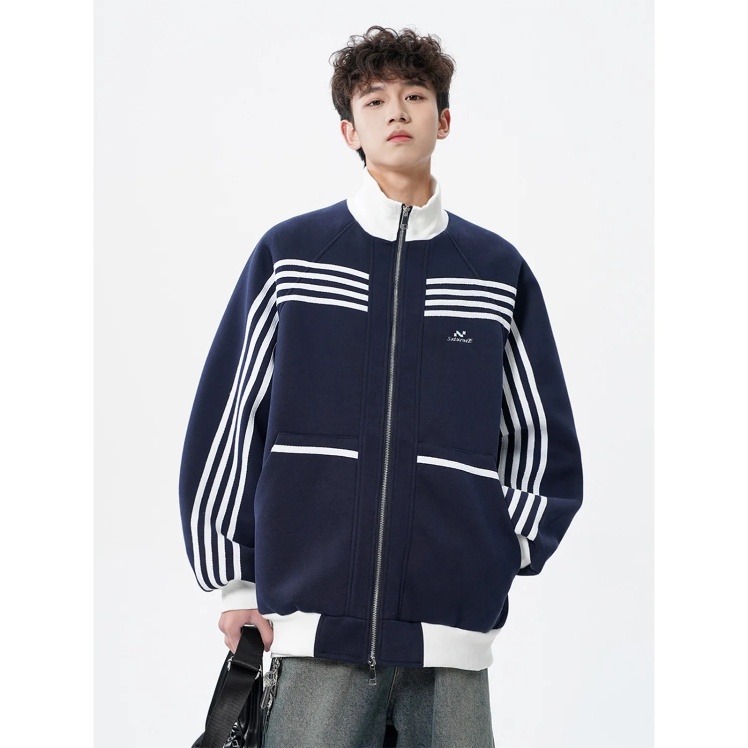 

Цветной полосатый джет, мужской весенне-осенний свободный крой с воротником-стойкой, открытый кардиган, толстовка, модный американский бренд