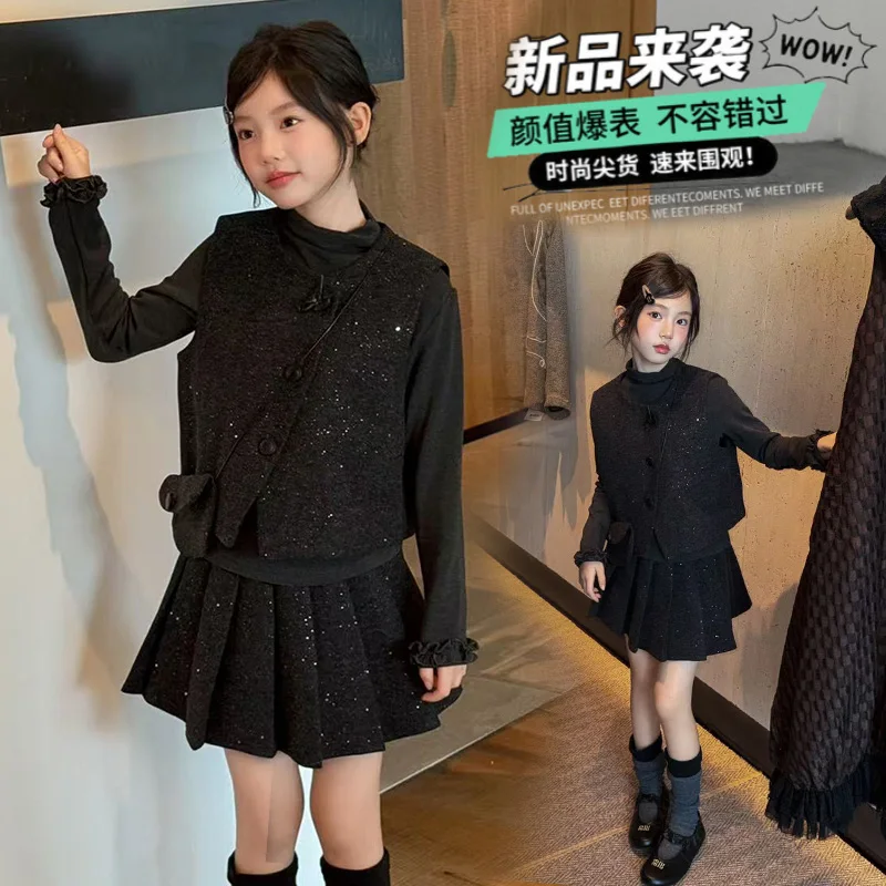 autumnr French Design teen girl Shining clothes Set chic vest+t-shirt+pleated skirt 3pcs junior kid skirts suit child outfits 14