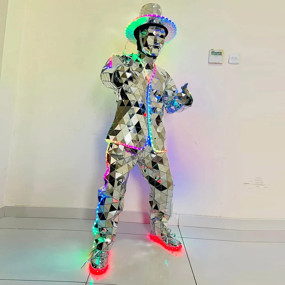 

LED Mirror Costume Gold Silver Color Lighting Up Stage Costume for Men Hand Made Suit with Halloween party Mask