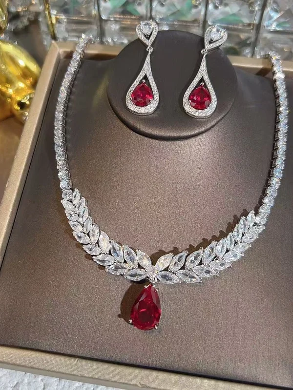 lekeke-red-sparkling-waterdrop-gemstone-nelace-earring-set-diamond-embedded-faion-jewelry-accories-ele-oriental-sle