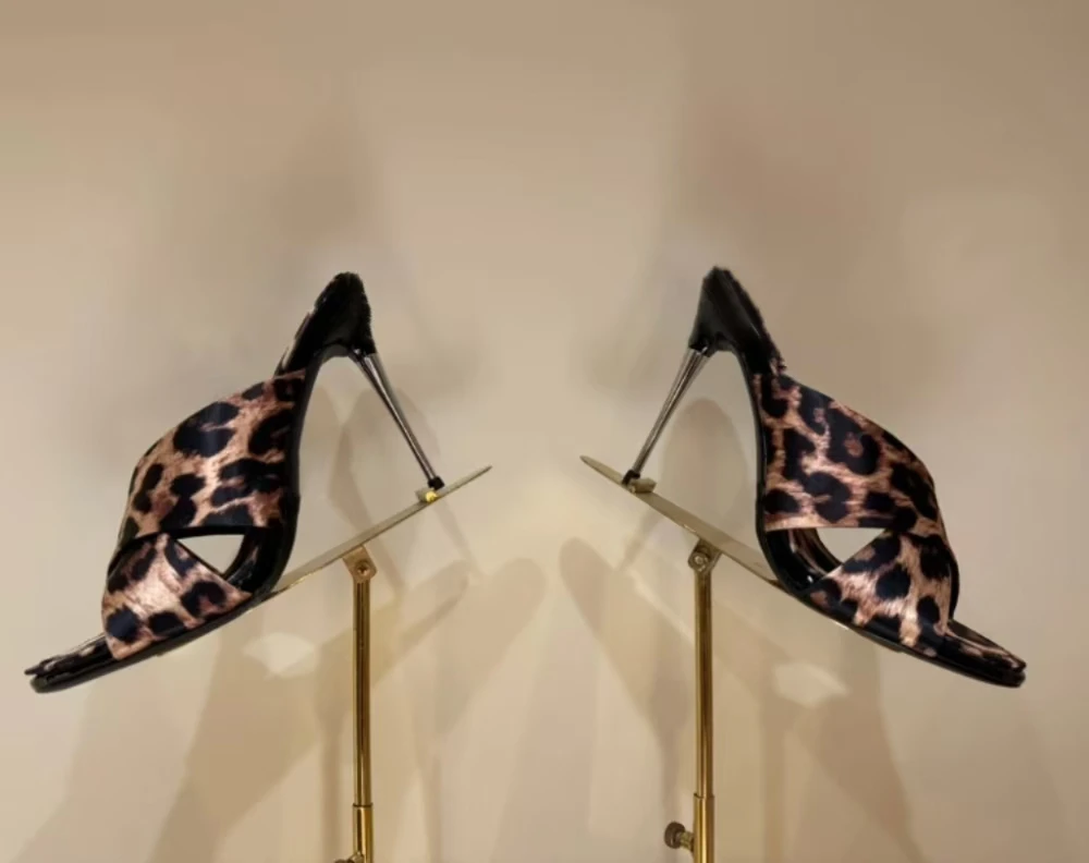 Sexy Style Leopard Print Crisscross Strap Sandals Satin Metallic Silver Stiletto Heel Open-Toe Design Retro Lady Footwear - view 5