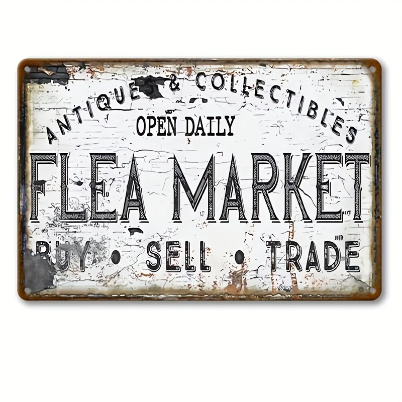 خطة أرضية ثنائية الأبعاد، قطعة واحدة من لافتات معدنية عتيقة لسوق البراغيث - زخرفة جدارية ريفية عتيقة مع "FLEA MARKET" والتجارة #1
