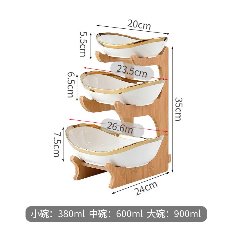 Modern Fruit Plate Bamboo Wood Frame Ceramic Dried Fruit Plate Living Room Double Gold Edge Multi-layer Fruit Basket Home Decor