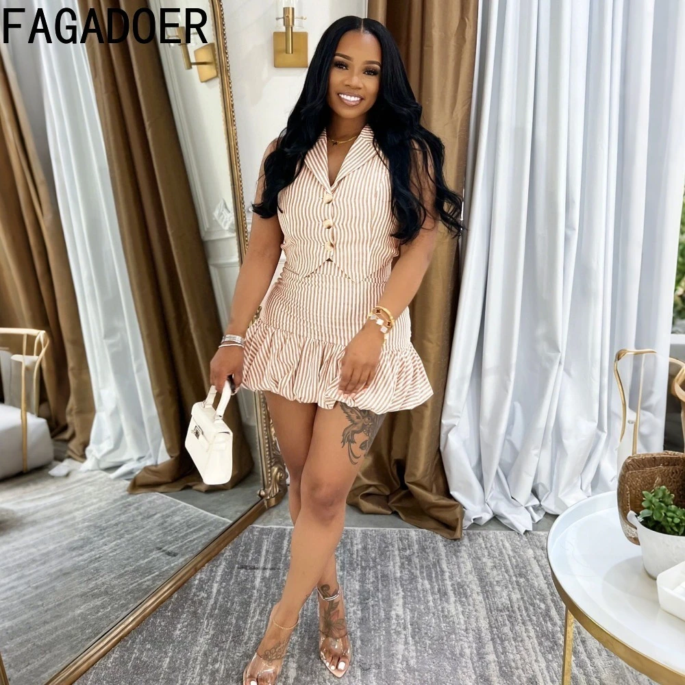 FAGADOER Fashion Striped Print Mini Skirts 2 Piece Sets Women Elegant Button Off Shoulder Vest Top + Bubble Puff Skirts Outfits
