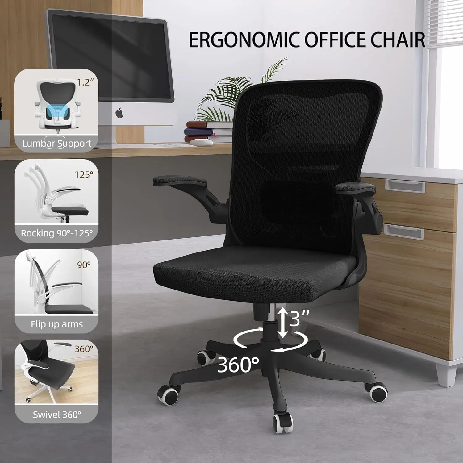 Chaise de bureau ergonomique avec support lombaire et bras rabattables, réglable, recommandé pour la maison