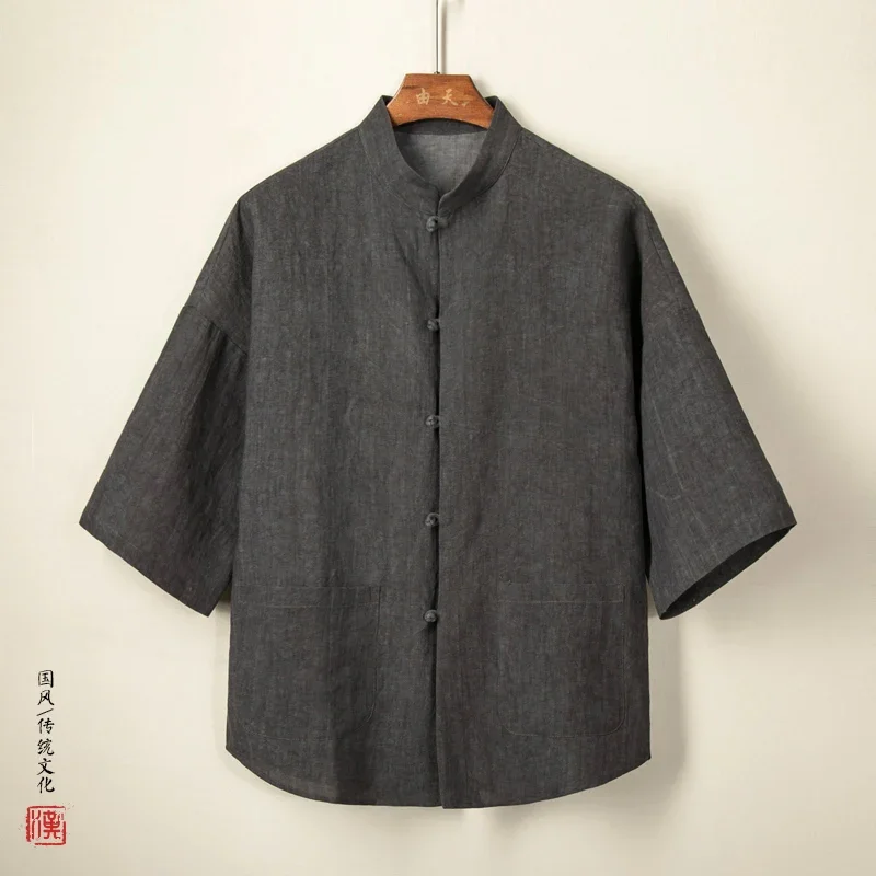 2023 Chinese Style Men\'s Cotton Linen Shirt Jacket Tang Short Sleeve Jacket Top Solid Color Traditional Kung Fu Large Size 4XL